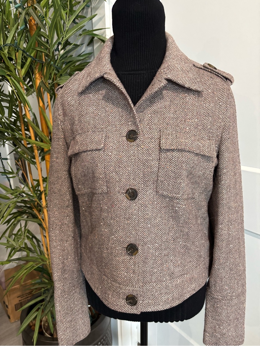 NEW Michael Michael KORS  Brown Herringbone Wool-Blend Military Stye Jacket SZ 8 - Picture 2 of 14
